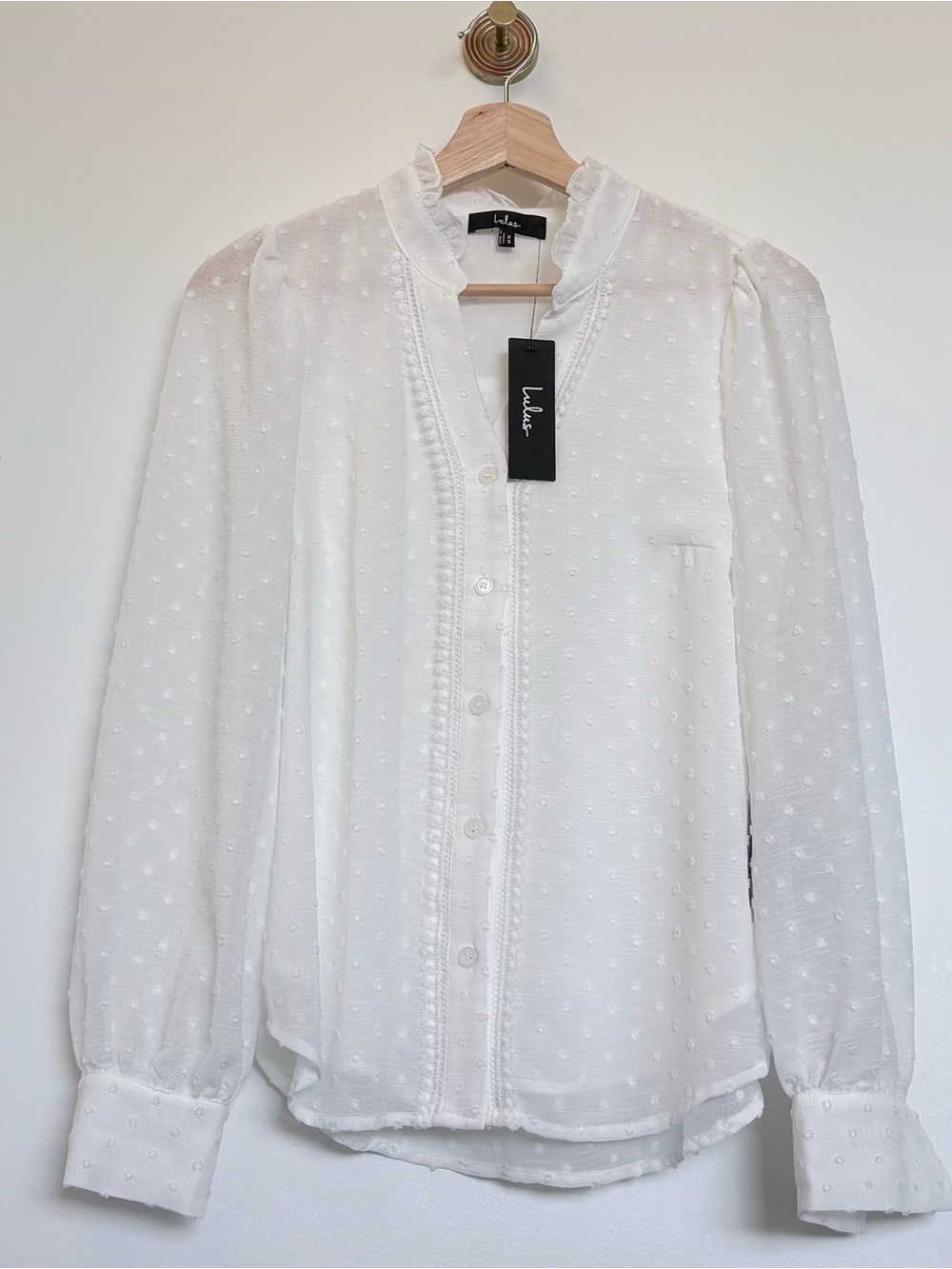 Lulu's White Swiss Dot Ruffle V-Neck Button-Up Blouse